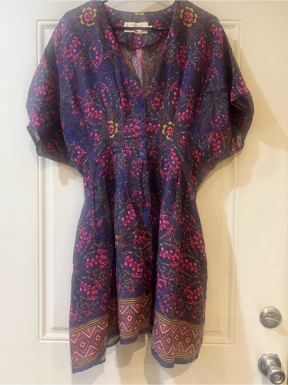 Anthropologie Exquise Floral Button-Front Tunic in Navy with Pink Accents Size L